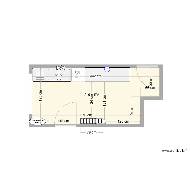 Cuisine années 60. Plan de 1 pièce et 8 m2