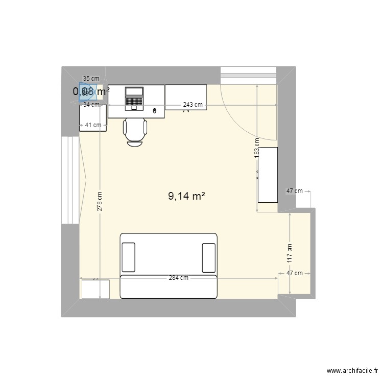 bureau. Plan de 2 pièces et 9 m2