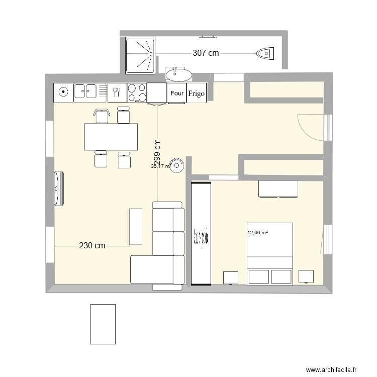 appartement. Plan de 2 pièces et 48 m2