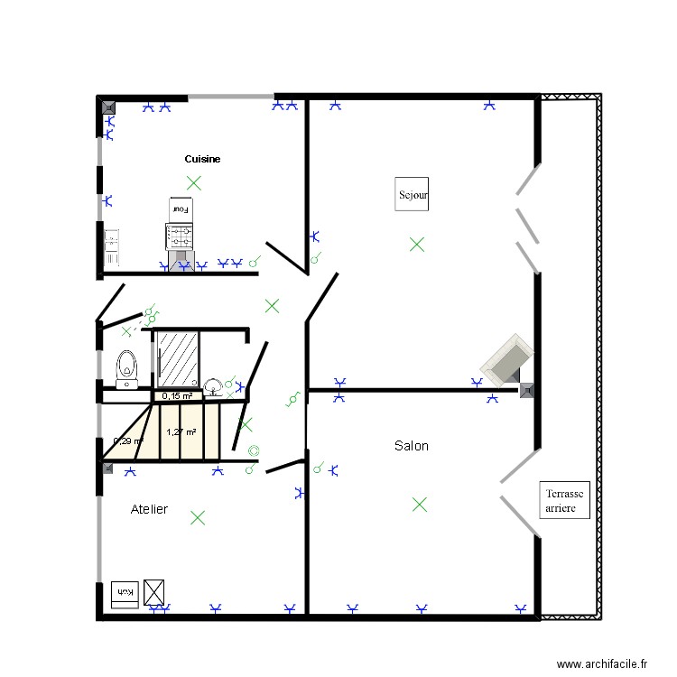 haut plan. Plan de 3 pièces et 2 m2