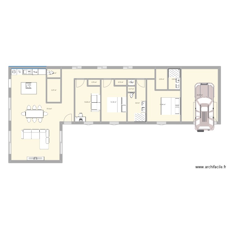 Maison en L. Plan de 14 pièces et 130 m2