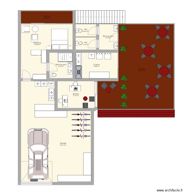 Rancho. Plan de 10 pièces et 163 m2