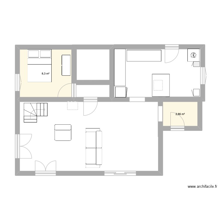 Etage principal . Plan de 2 pièces et 11 m2