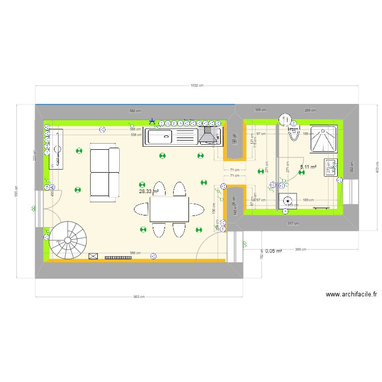 plan rez-de-chaussée petite maison. Plan de 3 pièces et 33 m2