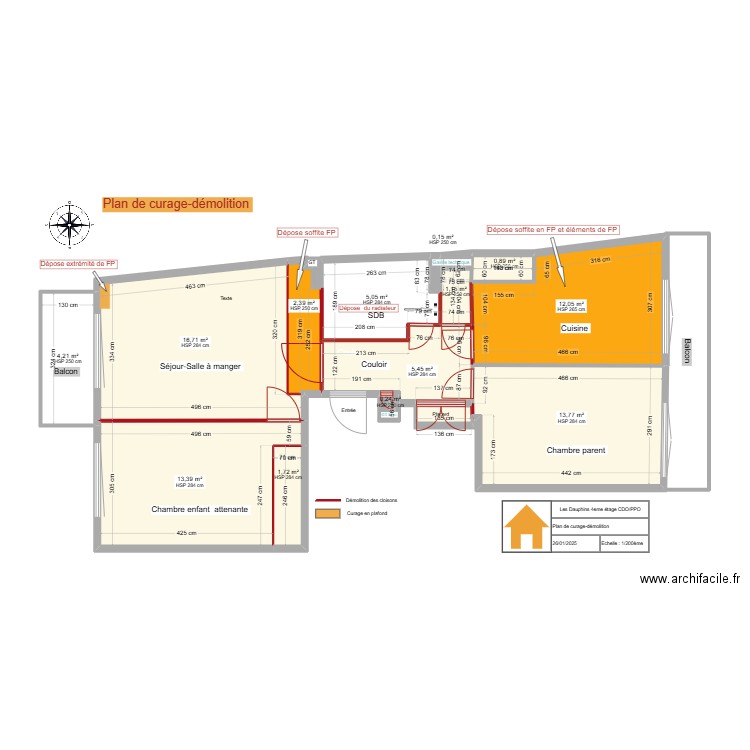 Plan  Curage-Démolition. Plan de 13 pièces et 77 m2