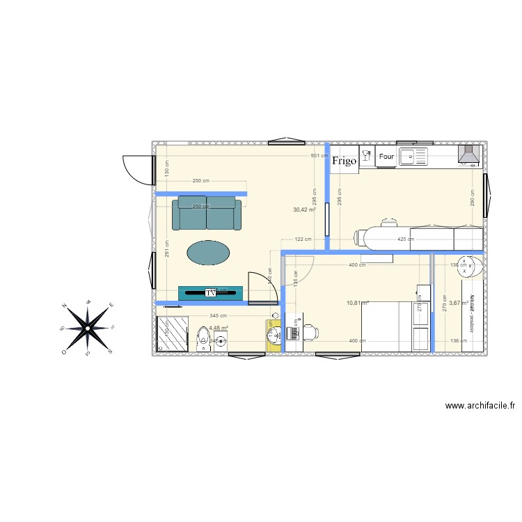 T2 50M2. Plan de 4 pièces et 49 m2