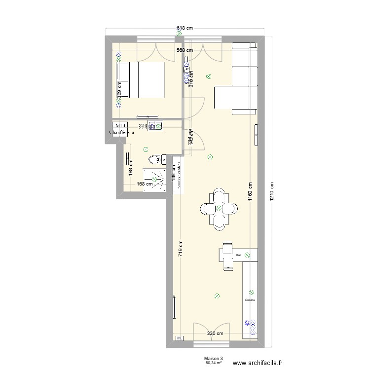 Maiosn 3. Plan de 2 pièces et 58 m2