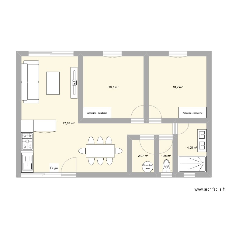 Appartement F3 60m2. Plan de 6 pièces et 55 m2