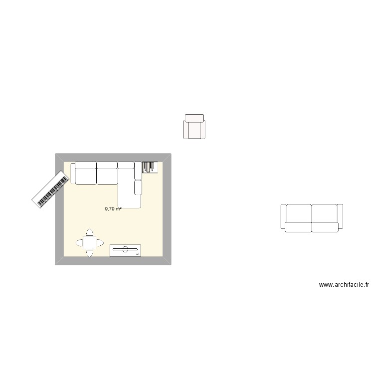 Salon semi plan new canapé. Plan de 1 pièce et 10 m2