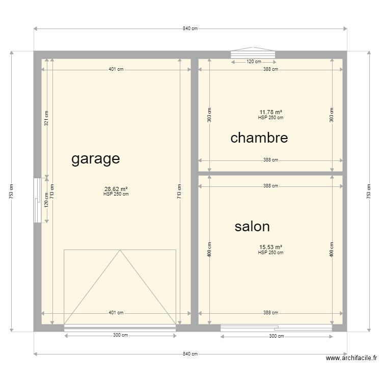 st hilaire garage + extension. Plan de 3 pièces et 56 m2