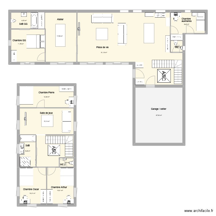 FB3. Plan de 14 pièces et 199 m2