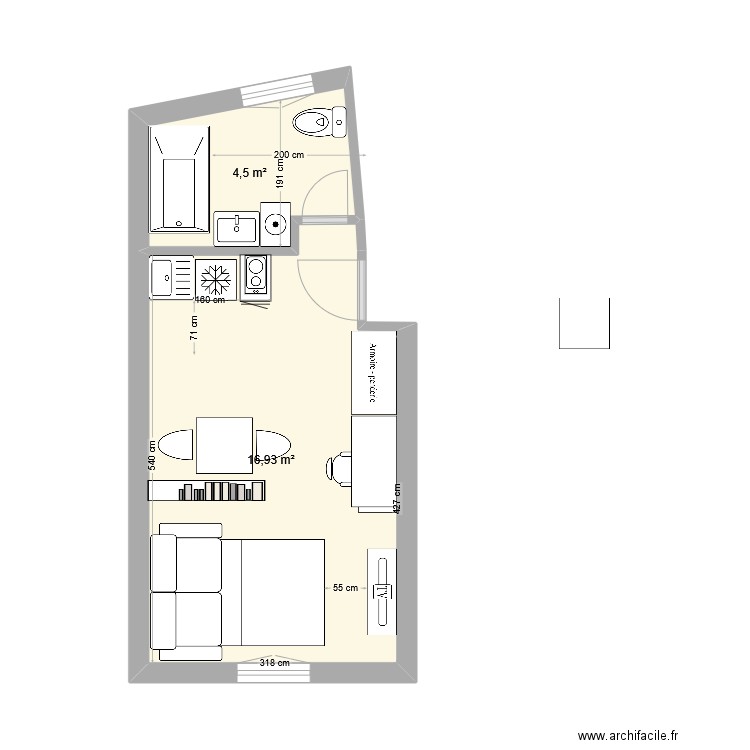 STUDIO picot final. Plan de 2 pièces et 21 m2