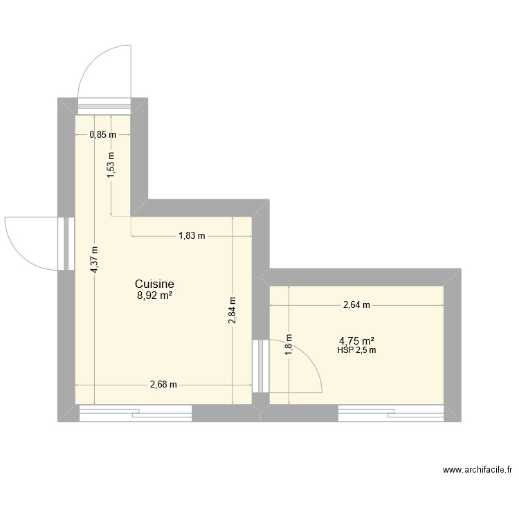 Cuisine. Plan de 2 pièces et 14 m2