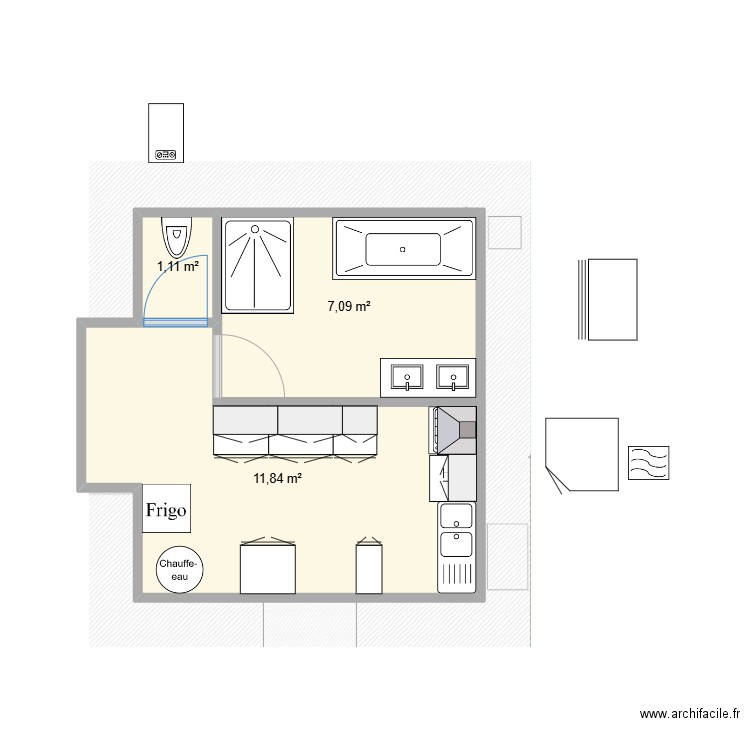 cuisine et salle de bain 1. Plan de 3 pièces et 20 m2