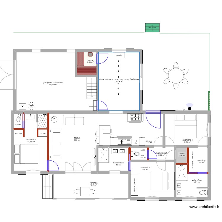 phase 3 finitions et aménagements. Plan de 15 pièces et 142 m2