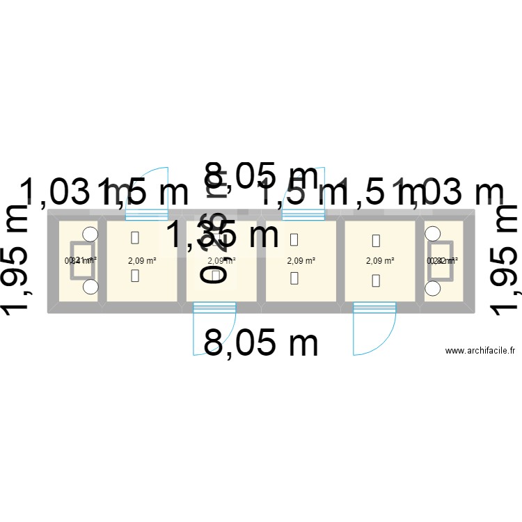 latrine 4 cabines. Plan de 8 pièces et 11 m2