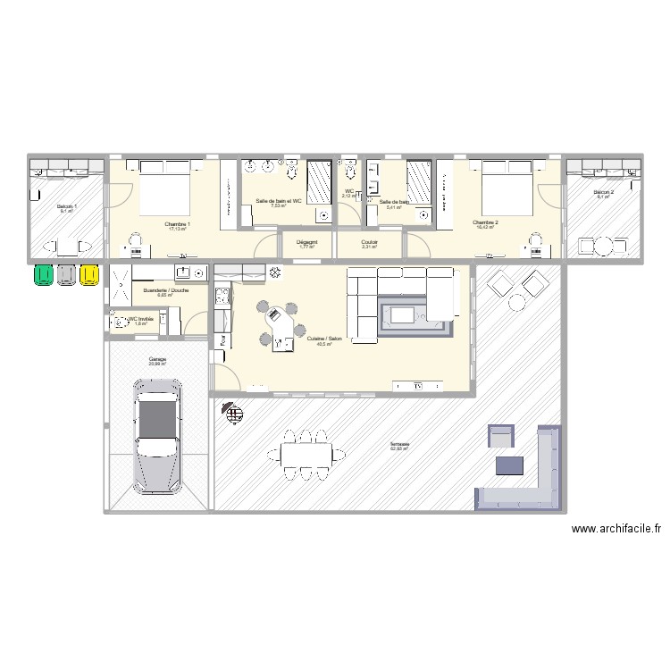 Plan T3 en T + Terrasse en U. Plan de 14 pièces et 204 m2