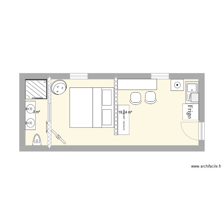 BAS 1. Plan de 2 pièces et 22 m2