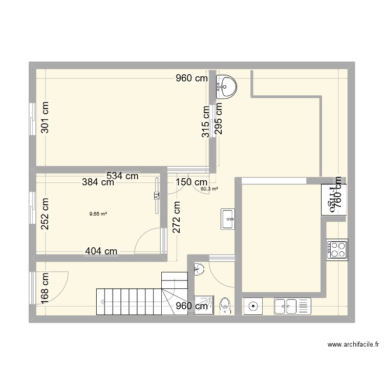 RDC. Plan de 2 pièces et 70 m2