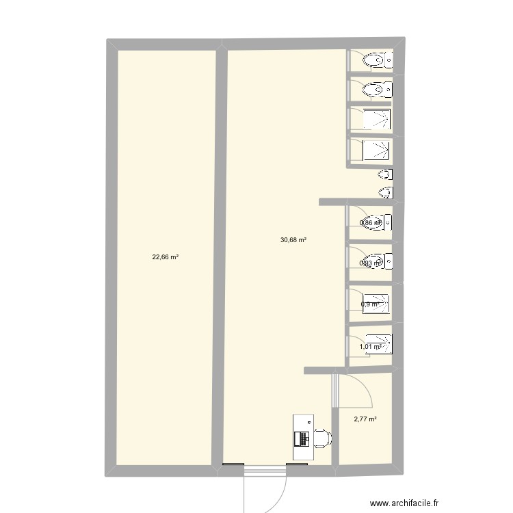 Toilet. Plan de 7 pièces et 60 m2