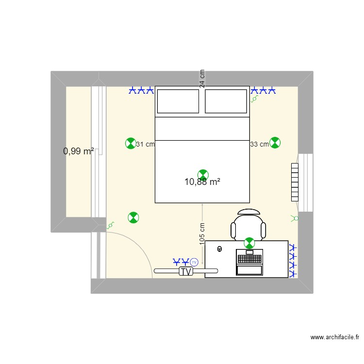 CHAMBRE. Plan de 2 pièces et 12 m2