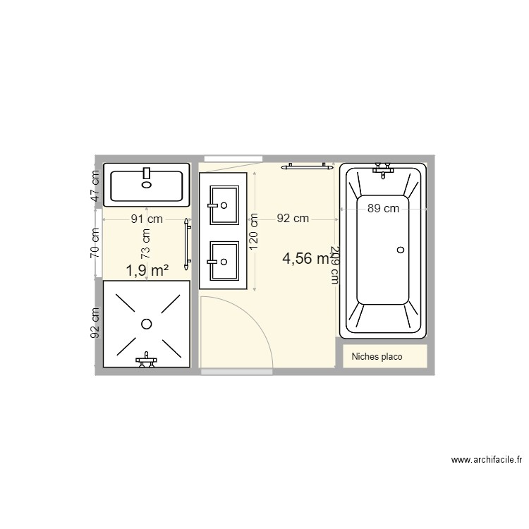 sdb haut ah. Plan de 3 pièces et 7 m2