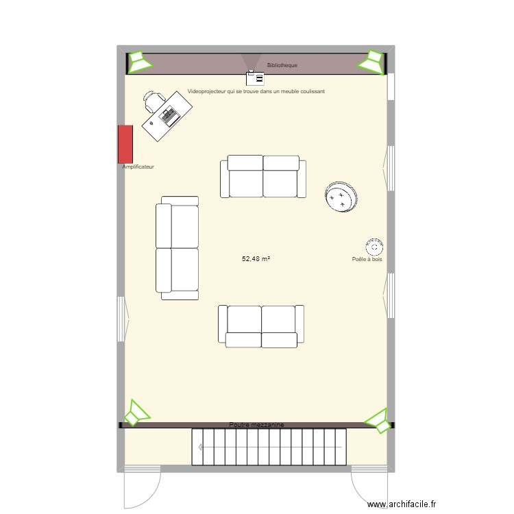 grand salon audio. Plan de 1 pièce et 52 m2