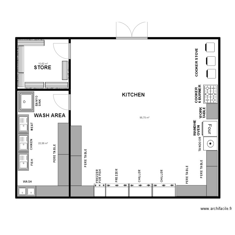 KITCHEN RESTAU. Plan de 3 pièces et 129 m2