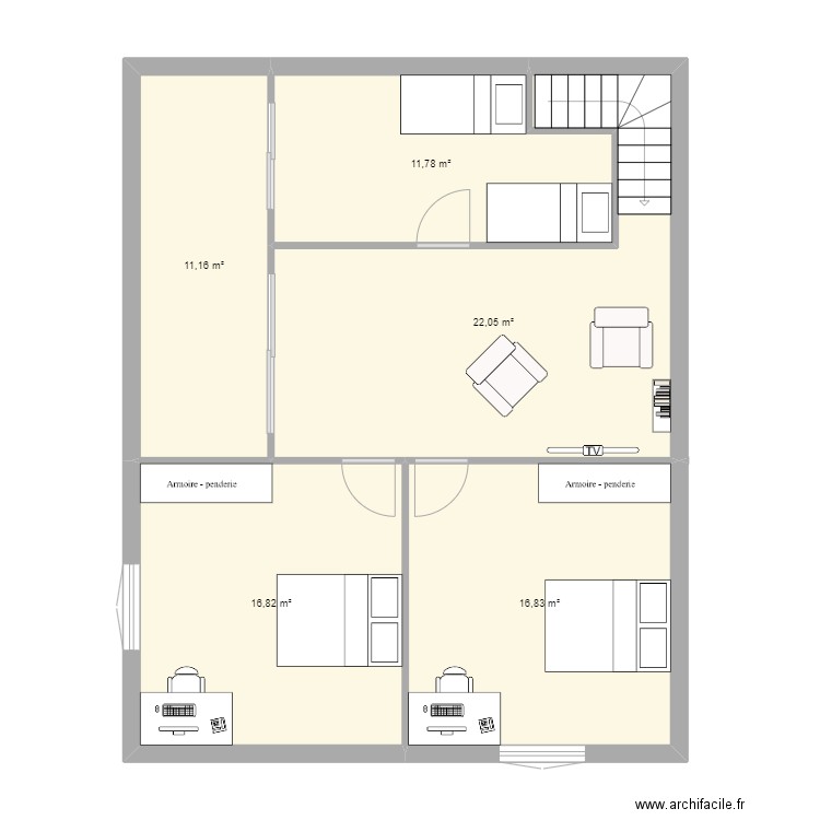 Maison Raucoules Sud Est étage. Plan de 5 pièces et 79 m2