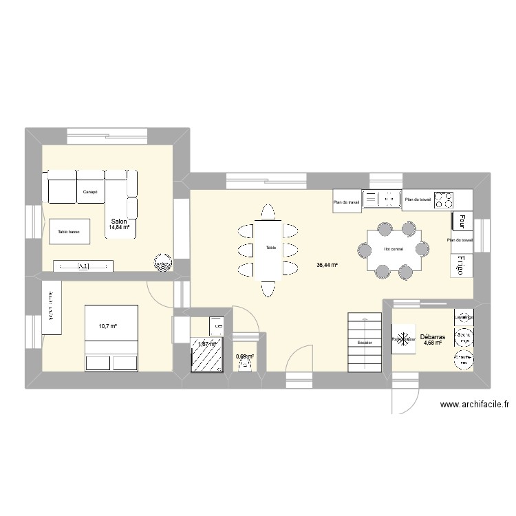 Bas (sans extension). Plan de 6 pièces et 69 m2