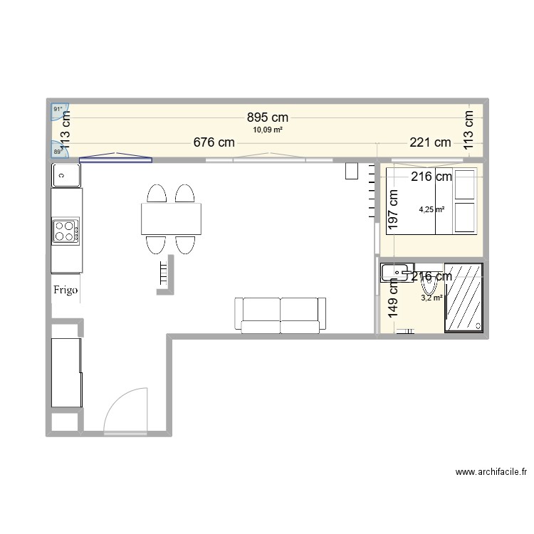 17 Plaine. Plan de 3 pièces et 18 m2