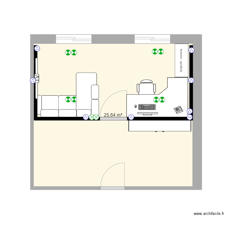 terasse. Plan de 1 pièce et 26 m2