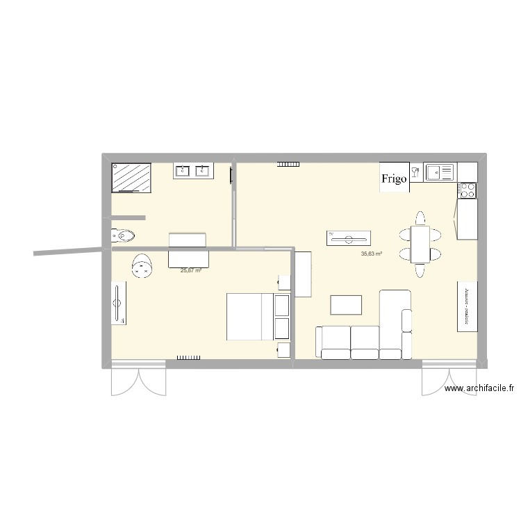 Gites . Plan de 2 pièces et 62 m2