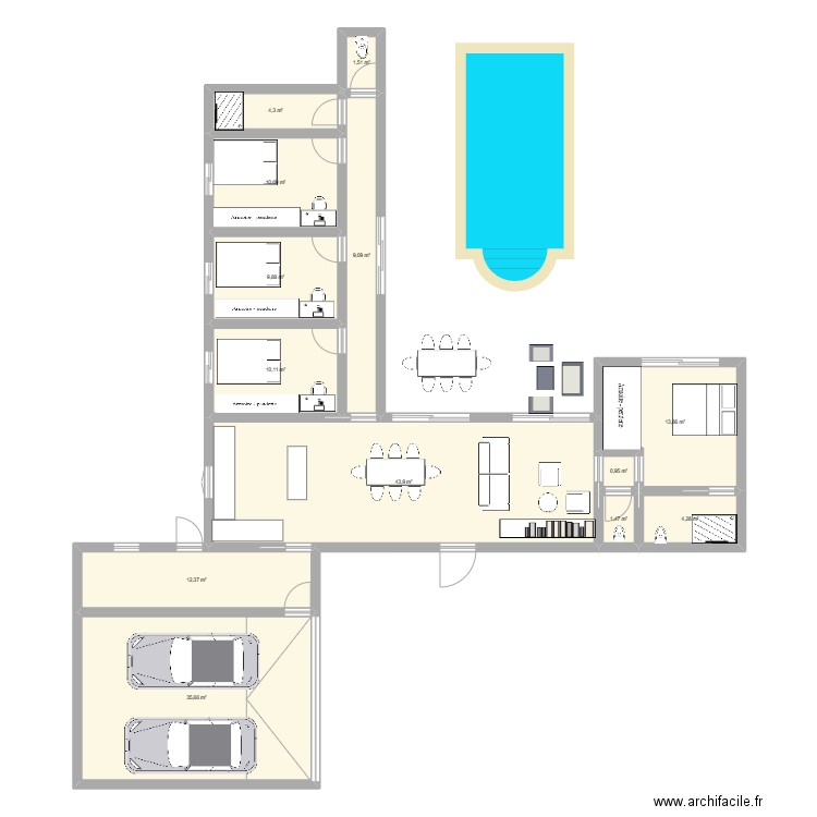 projet maison travo KTA . Plan de 13 pièces et 158 m2