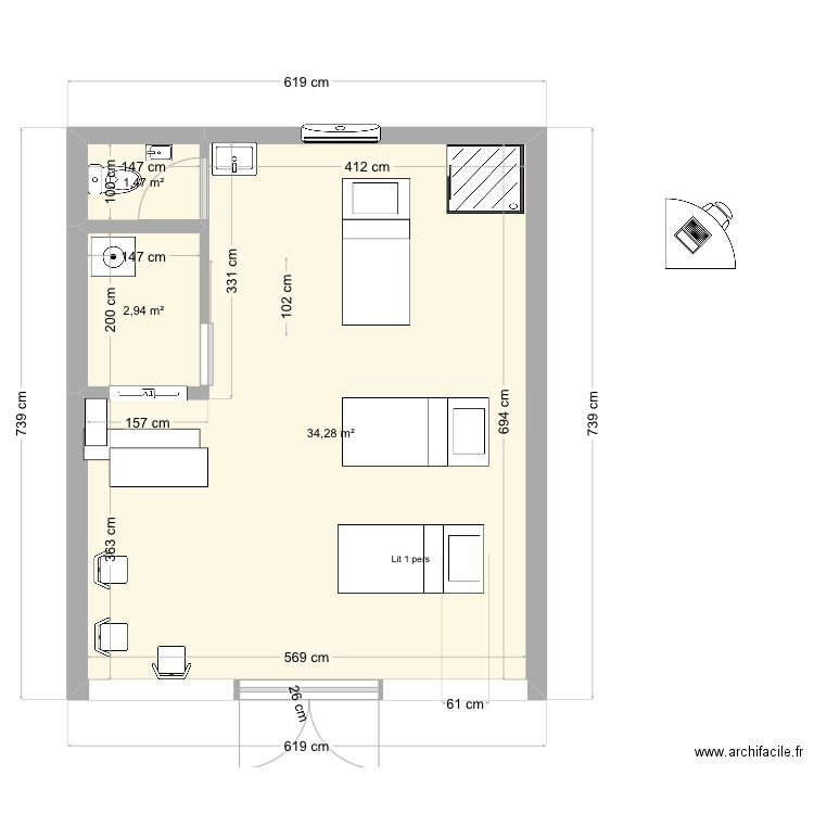 AHAVA 12. Plan de 3 pièces et 39 m2