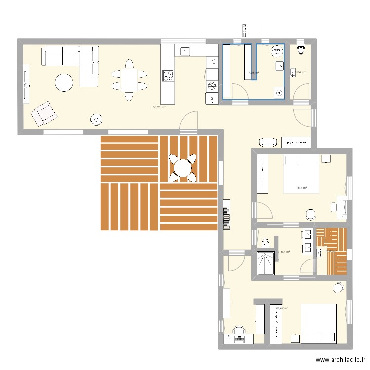 Bungalow  L-Form. Plan de 7 pièces et 115 m2