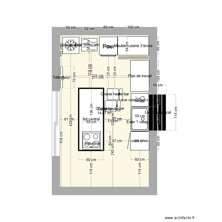 pour cuisiniste. Plan de 1 pièce et 14 m2