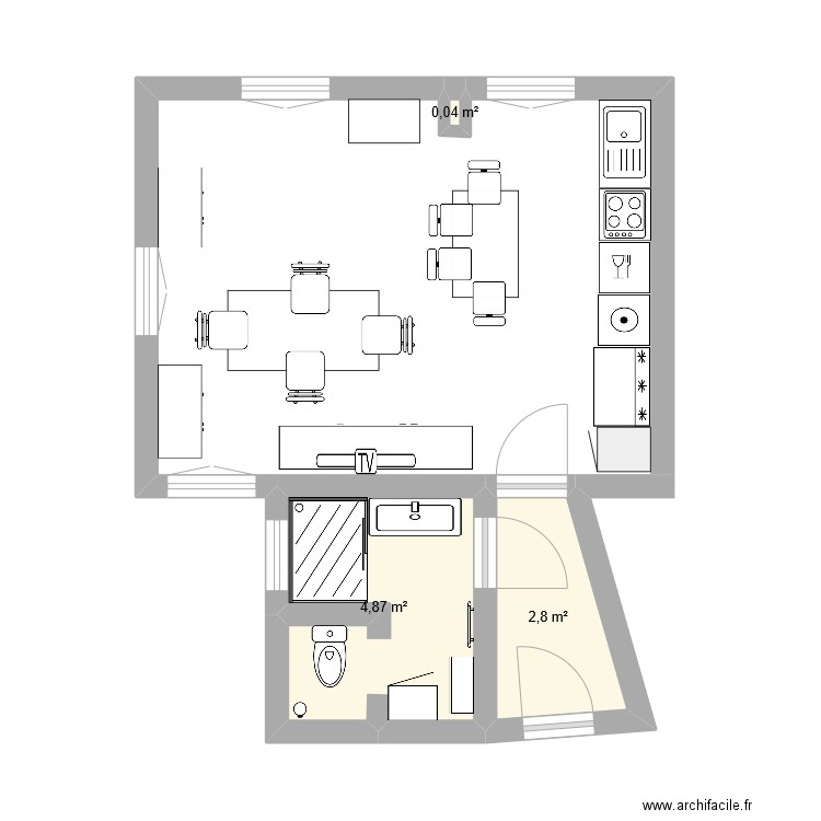 salle de bain et cuisine. Plan de 3 pièces et 8 m2