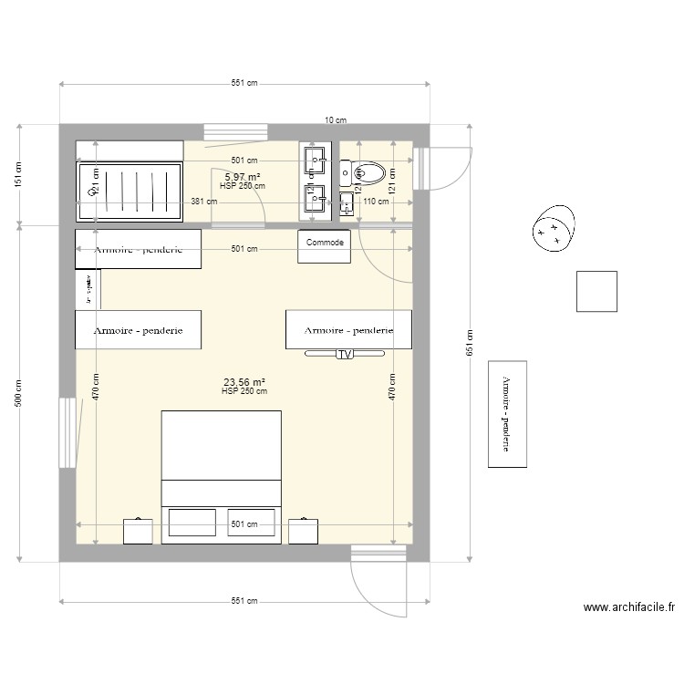 suite parentale 2. Plan de 2 pièces et 30 m2