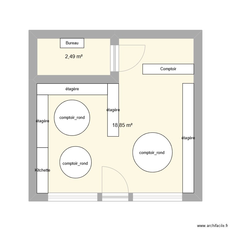 Magasin de Jouets. Plan de 2 pièces et 21 m2