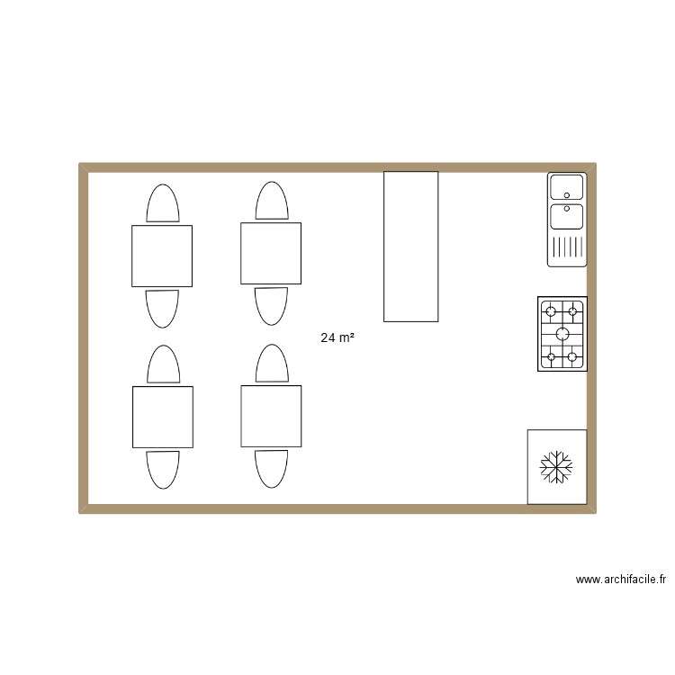 Cuisine et salle à manger. Plan de 1 pièce et 24 m2