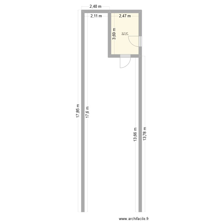 DP02 PLAN AVANT TRAVAUX avec cotations. Plan de 1 pièce et 9 m2