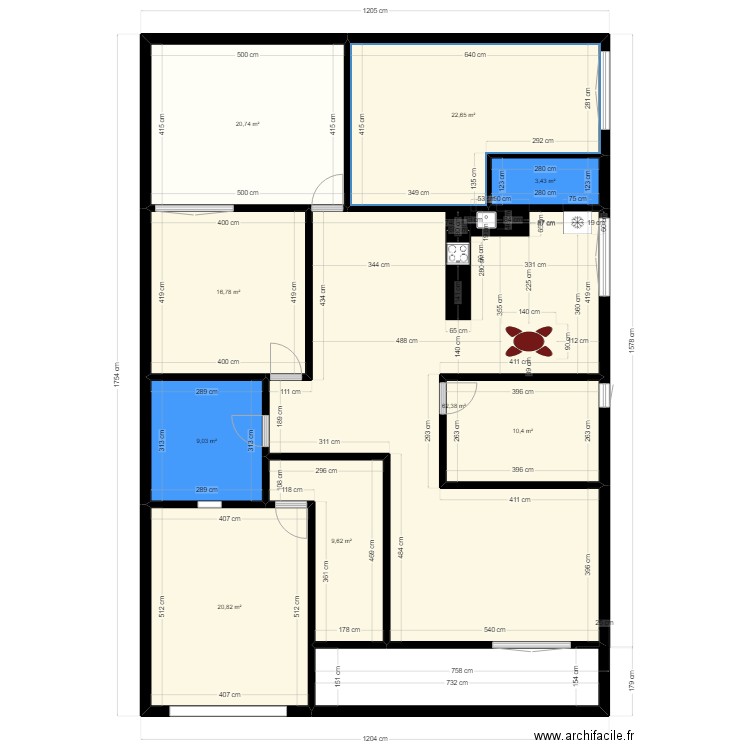 Kharouba 2. Plan de 9 pièces et 176 m2