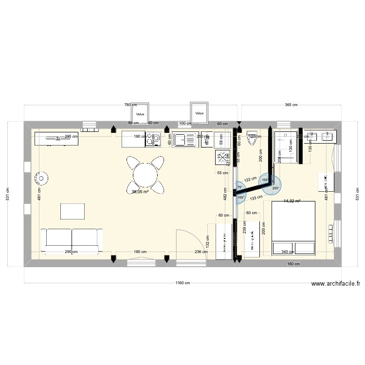 Dependance_4-poutres. Plan de 2 pièces et 52 m2