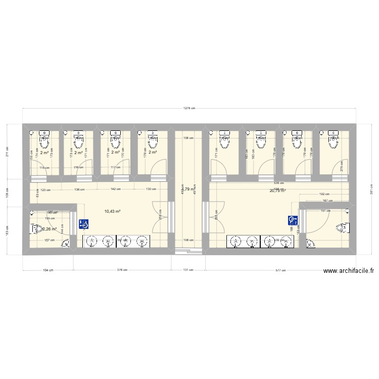 Toilettes public. Plan de 8 pièces et 46 m2