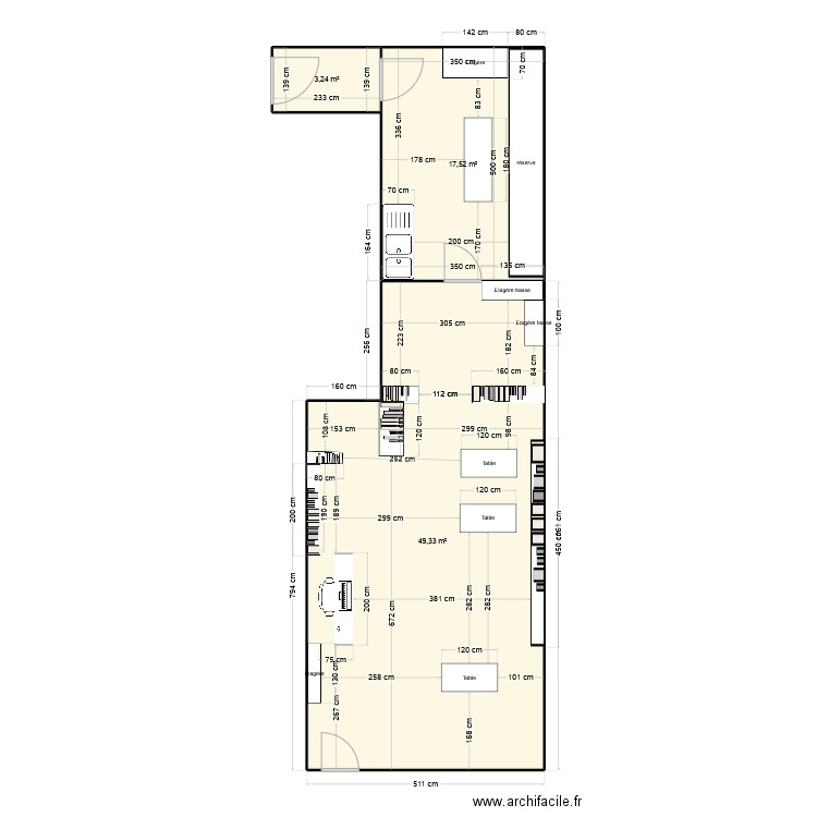 local. Plan de 3 pièces et 70 m2