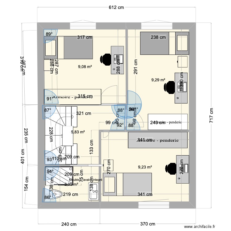 87 GS 1er étage avec une grande et une petite chambre. Plan de 5 pièces et 36 m2