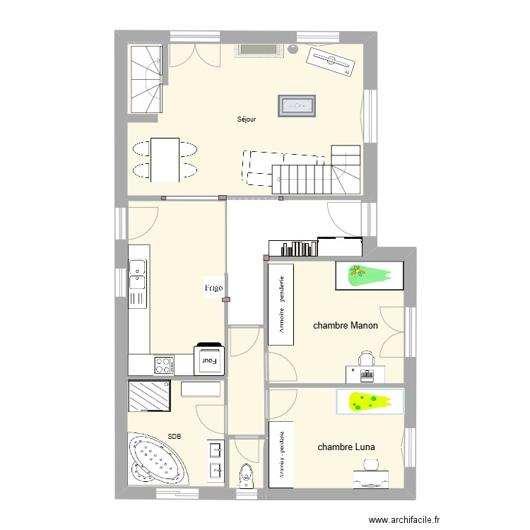 Pallud Etage1 après travaux. Plan de 7 pièces et 78 m2