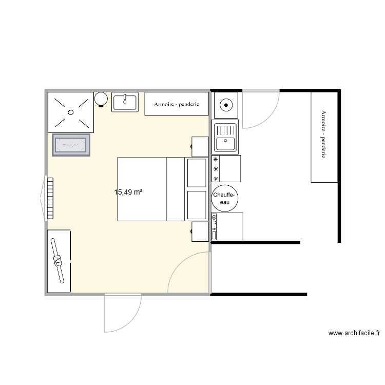 chambre parentale. Plan de 1 pièce et 15 m2