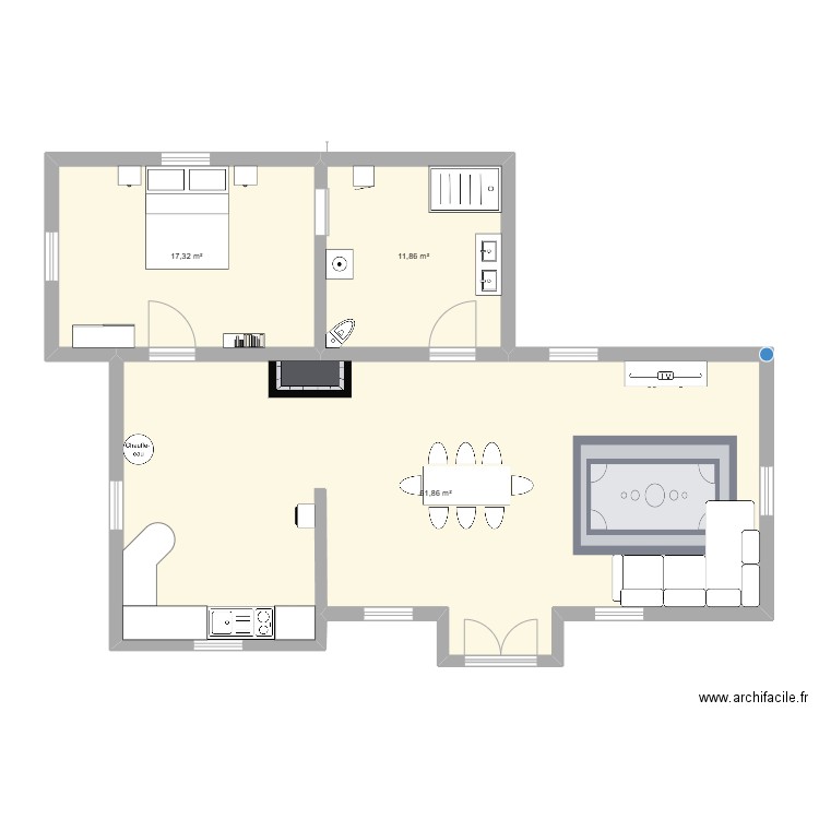 Chambre fauteuil roulant . Plan de 3 pièces et 91 m2